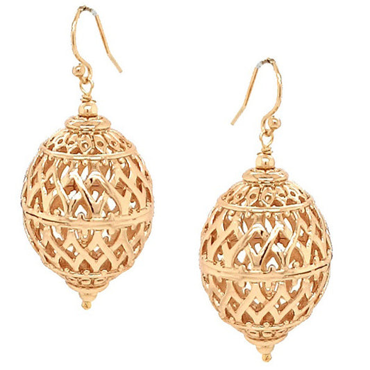 A pair of gold-colored oval drop earrings featuring an open weave design with large filigree oval beads.