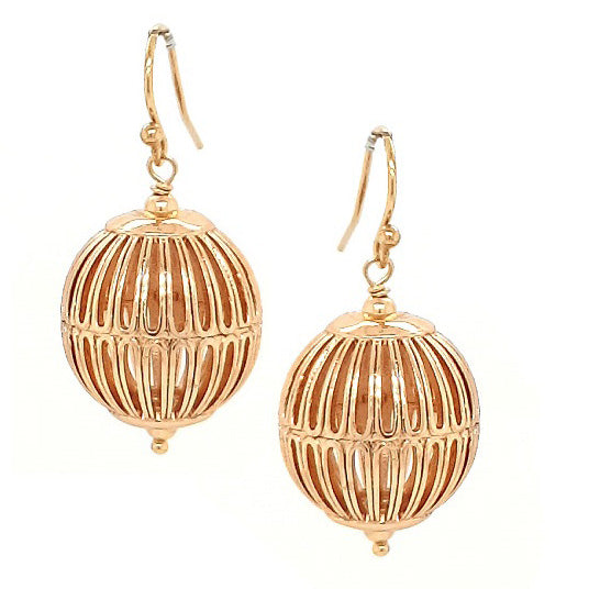 A pair of gold-filled round earrings with an open-weave design, hanging from fishhook clasps.