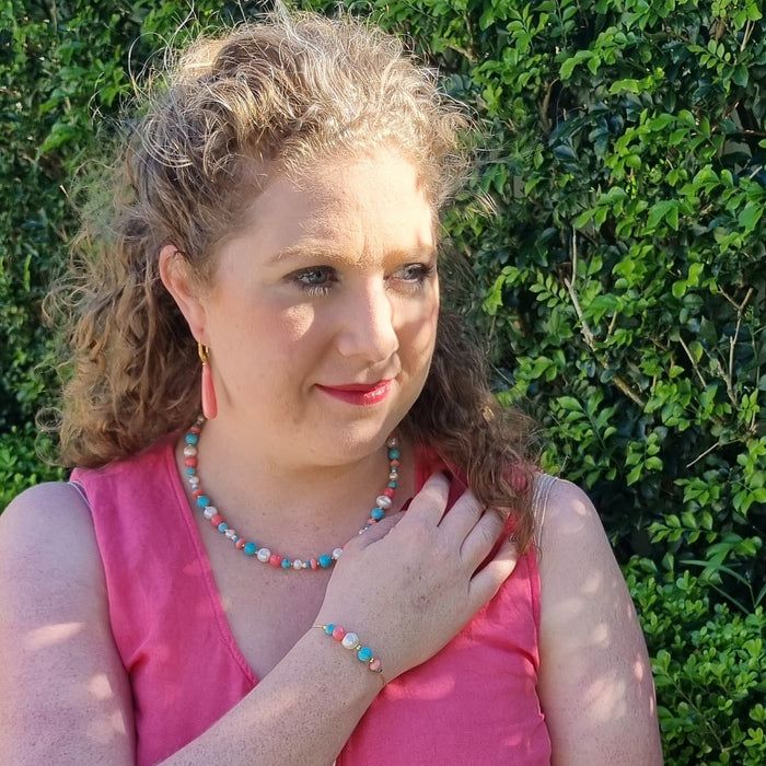 Aphrodite Turquoise, Freshwater Pearl and Coral adjustable Bracelet