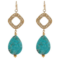 A pair of gold-plated earrings featuring turquoise teardrop stones and intricate geometric designs.