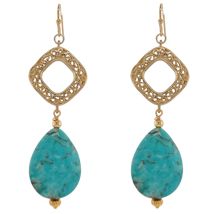 A pair of gold-plated earrings featuring turquoise teardrop stones and intricate geometric designs.