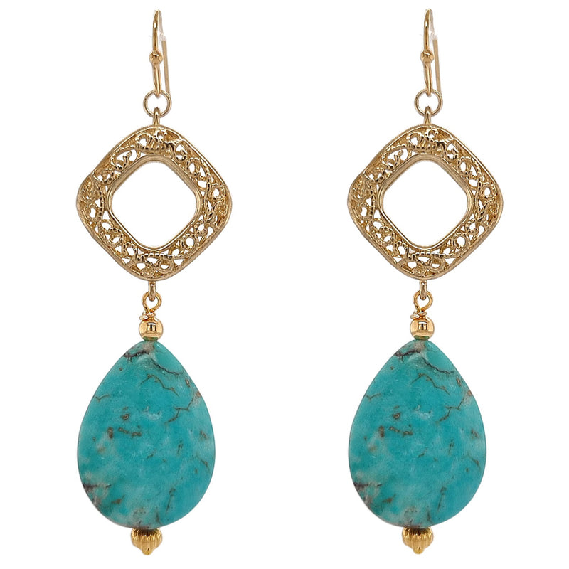 A pair of gold-plated earrings featuring turquoise teardrop stones and intricate geometric designs.
