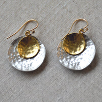 Cora double hammered drop Silver and Gold Earrings