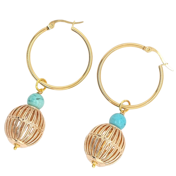 A pair of gold hoop earrings with turquoise beaded details.