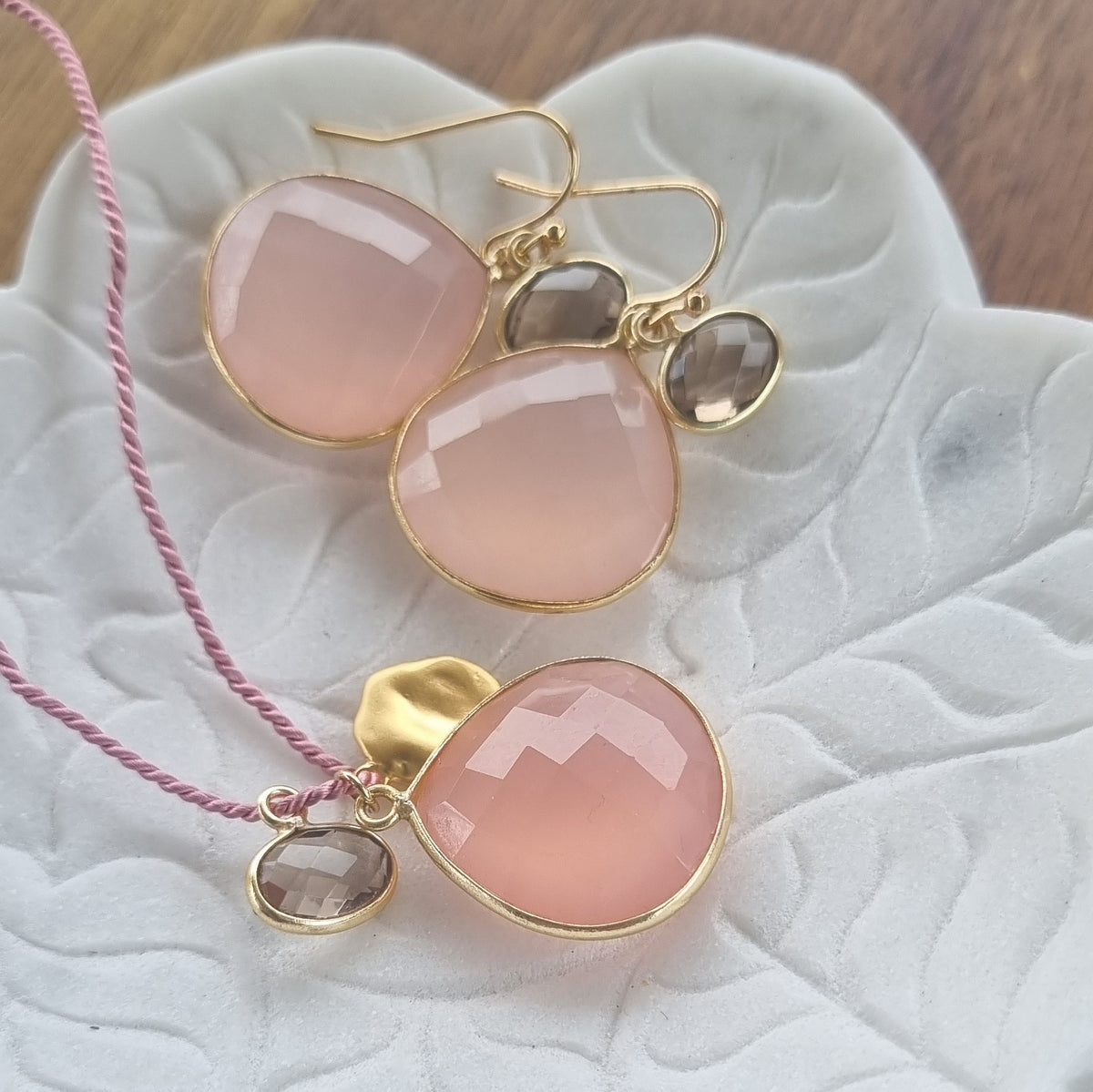 Gemma Pink chalcedony and Smokey Quartz earrings