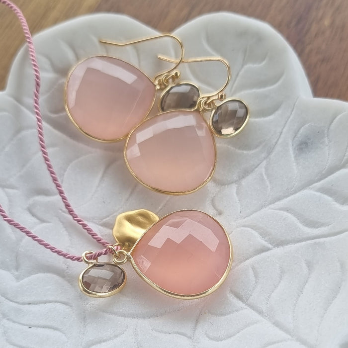 Gemma Pink chalcedony and Smokey Quartz earrings