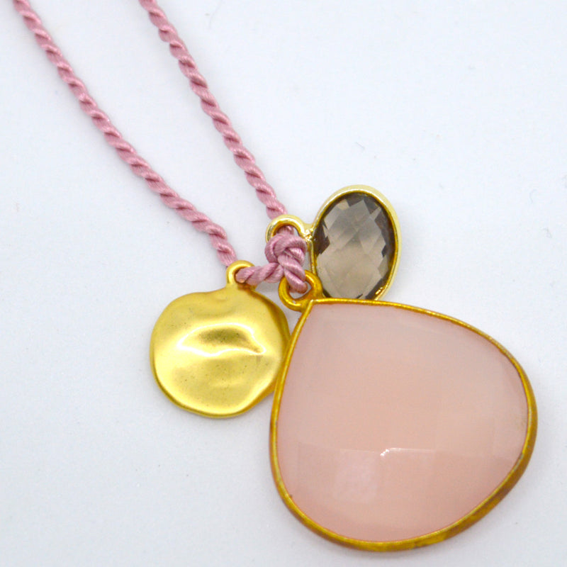 Gemma Silk Teardrop Pink Chalcedony and smokey quartz Necklace