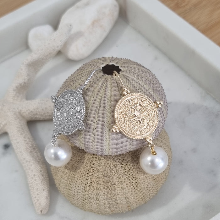 Goddess Greek Coin Shell Pearl Earrings