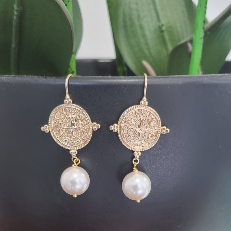 Goddess Greek Coin Shell Pearl Earrings