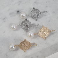 Goddess Greek Coin Shell Pearl Earrings