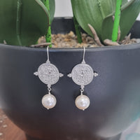 Goddess Greek Coin Shell Pearl Earrings