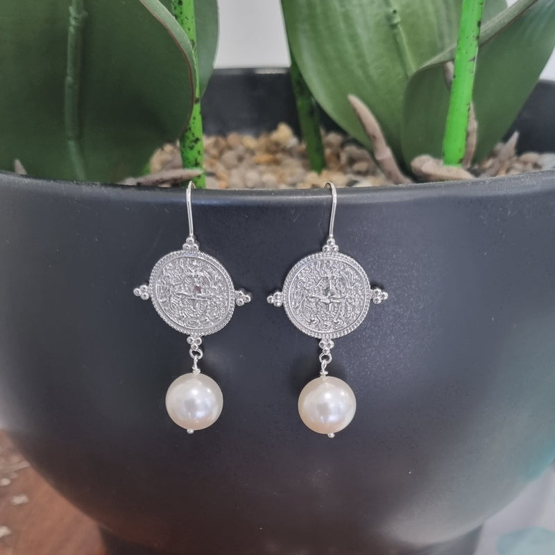 Goddess Greek Coin Shell Pearl Earrings