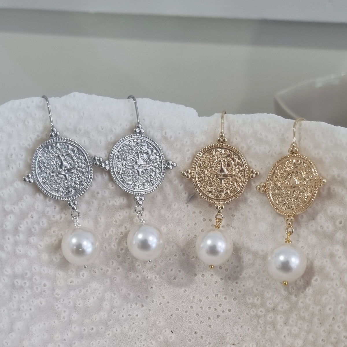 Goddess Greek Coin Shell Pearl Earrings