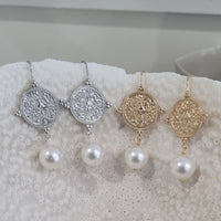 Goddess Greek Coin Shell Pearl Earrings