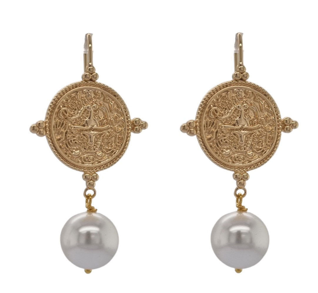 Goddess Greek Coin Shell Pearl Earrings
