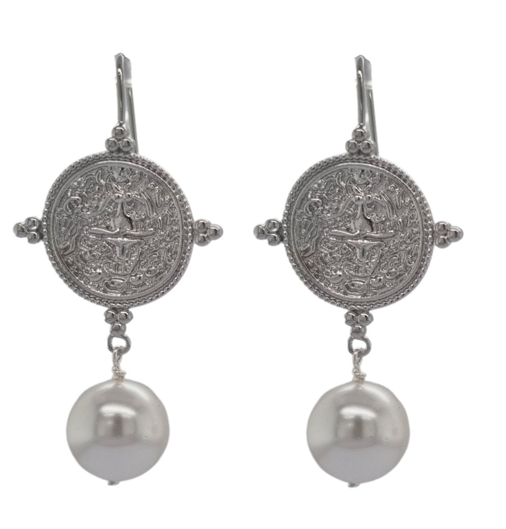 Goddess Greek Coin Shell Pearl Earrings