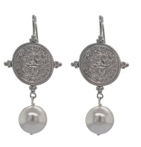 Goddess Greek Coin Shell Pearl Earrings