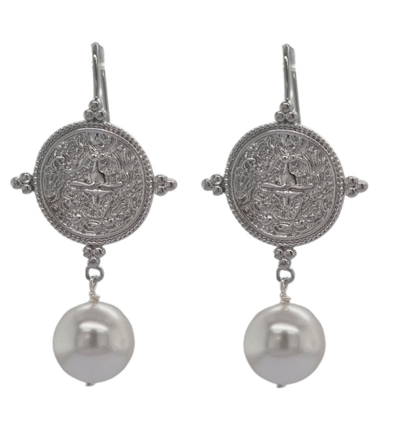 Goddess Greek Coin Shell Pearl Earrings