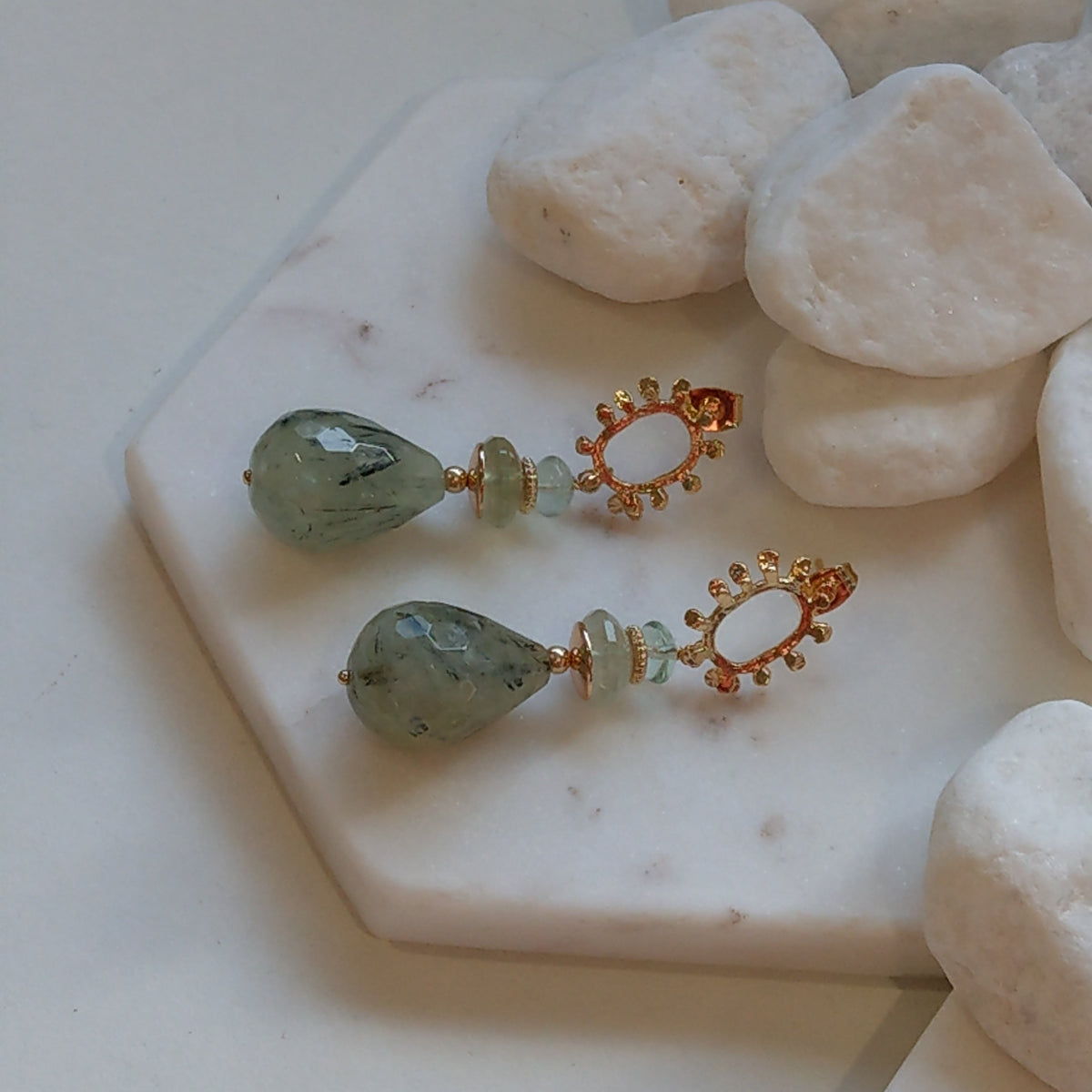 Goddess Prehnite, Green Fluorite Gold or Platinum Earrings