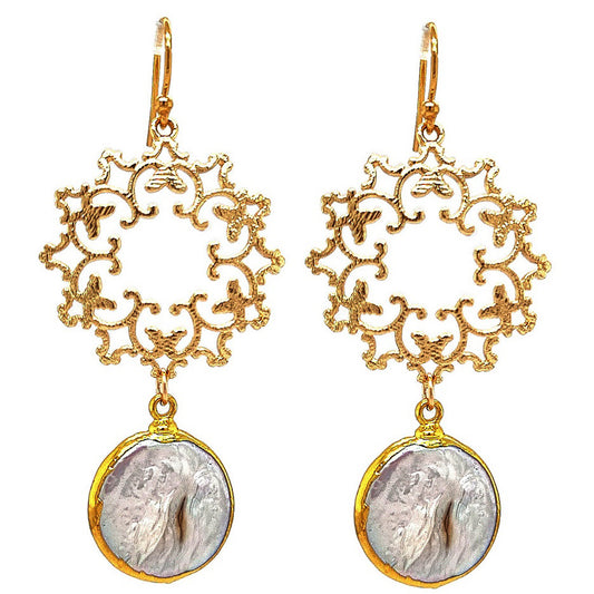 A pair of gold-wrapped fresh water pearl earrings with intricate gold wreath designs.