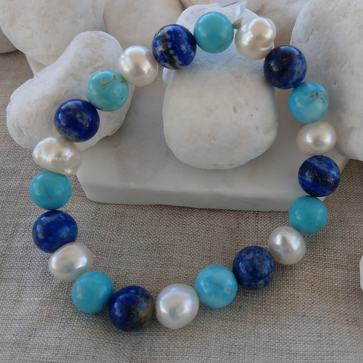 Lapis Lazuli, Turquoise & Freshwater Pearl Bracelet