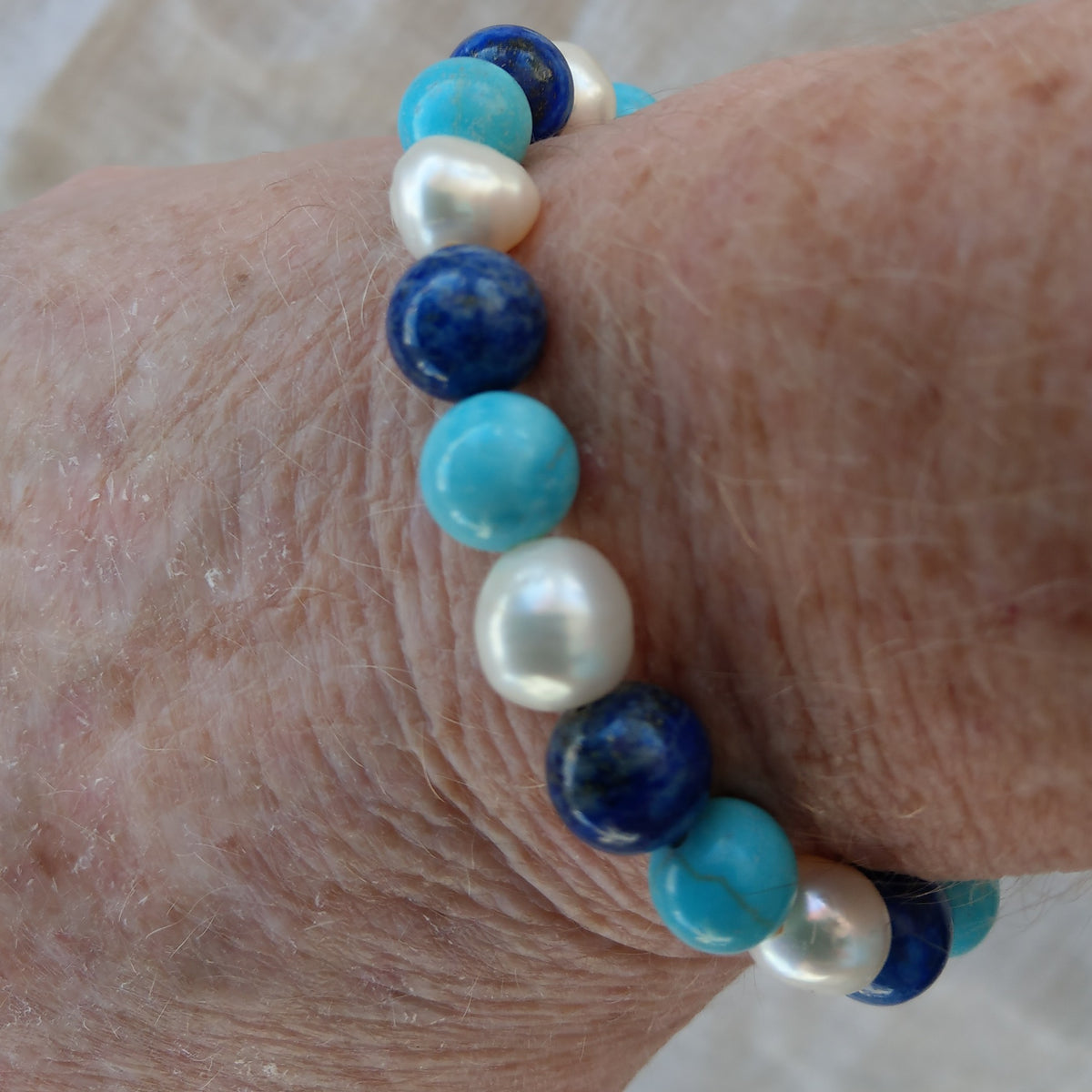 Lapis Lazuli, Turquoise & Freshwater Pearl Bracelet