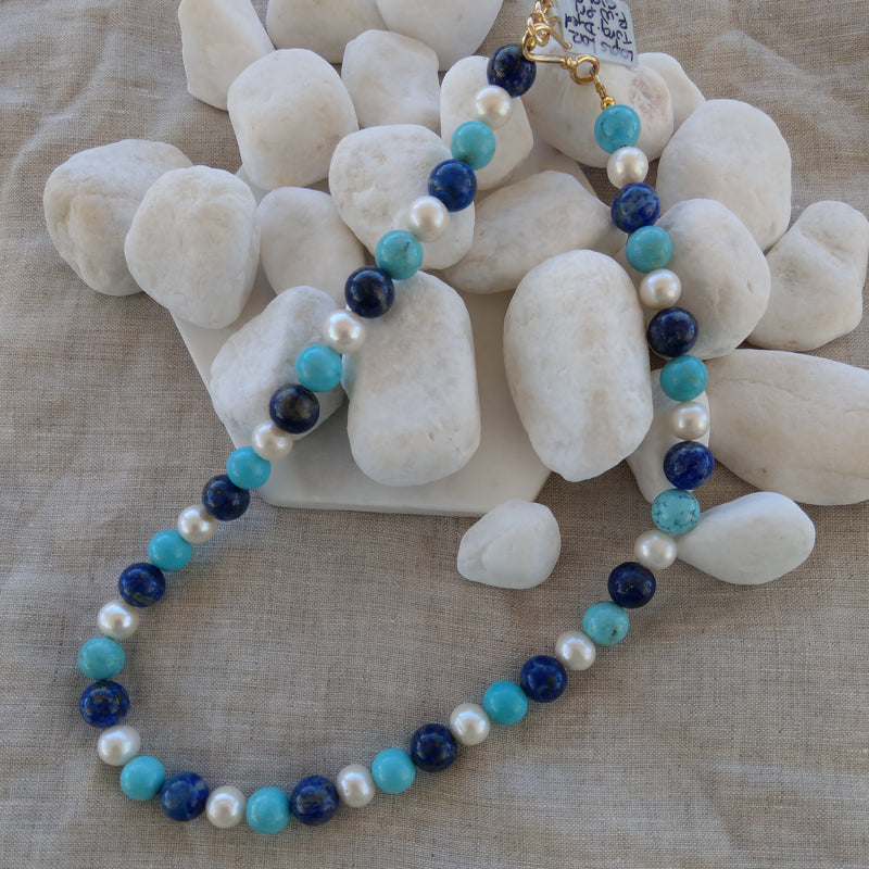 Lapis Lazuli, Turquoise & Freshwater Pearl Gold Necklace