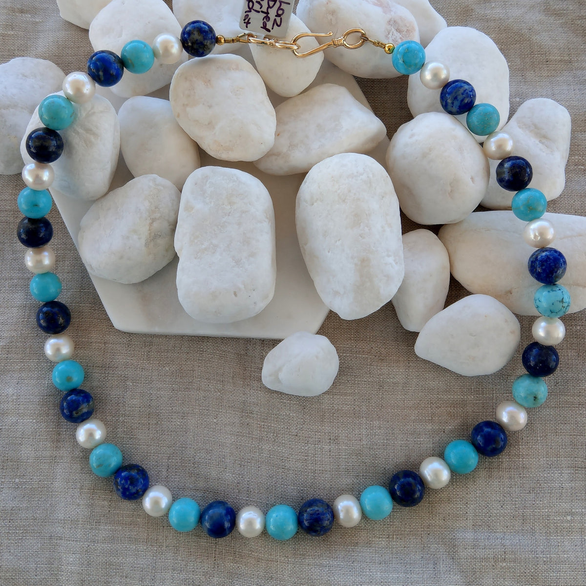 Lapis Lazuli, Turquoise & Freshwater Pearl Gold Necklace