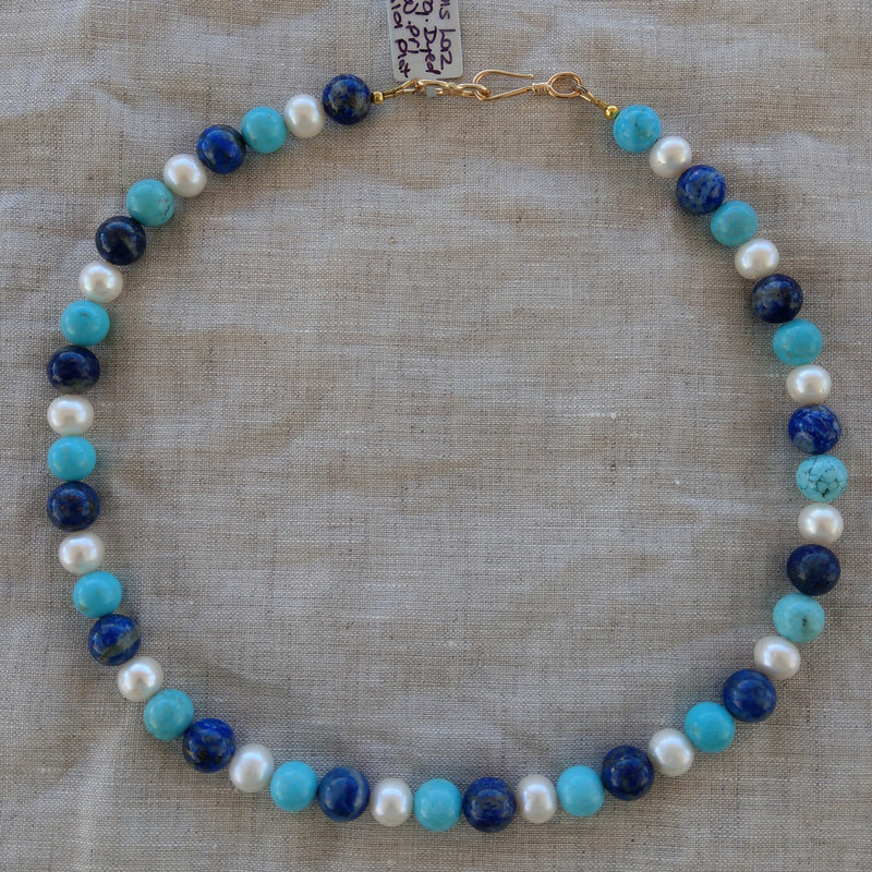 Lapis Lazuli, Turquoise & Freshwater Pearl Gold Necklace