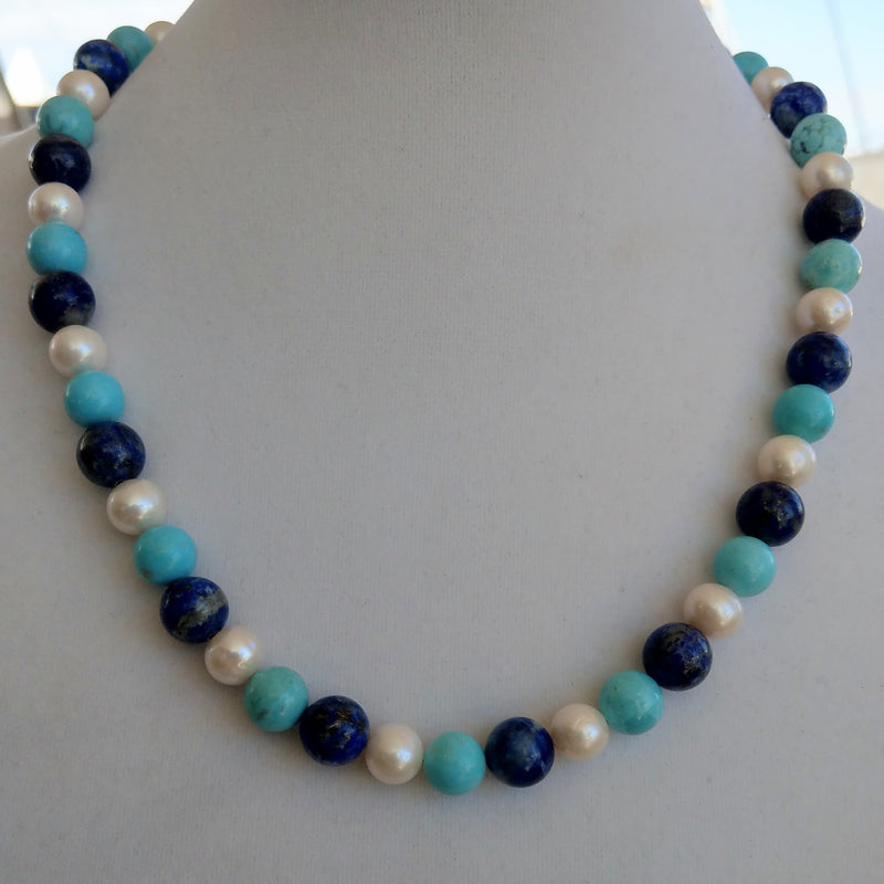 Lapis Lazuli, Turquoise & Freshwater Pearl Gold Necklace