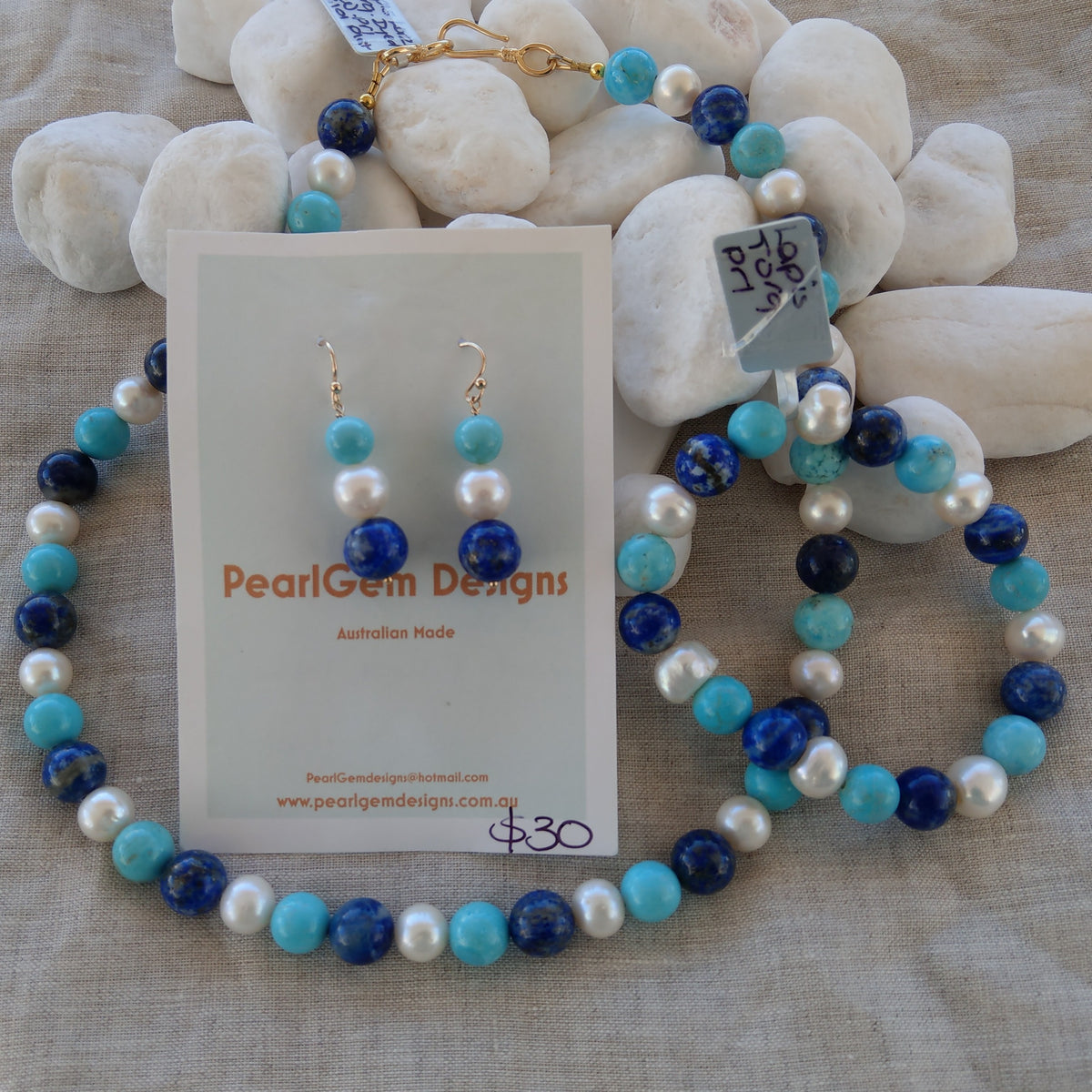 Lapis Lazuli, Turquoise & Freshwater Pearl Gold Necklace