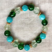 Mana Green Agate, Amazonite, Prehnite Gold stretchy Bracelet