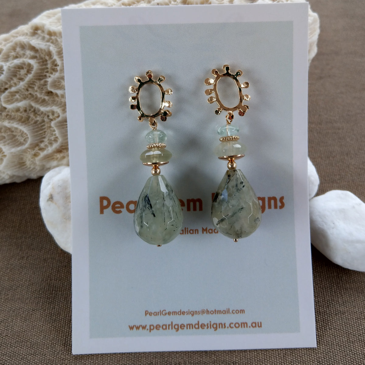 Goddess Prehnite, Green Fluorite Gold or Platinum Earrings