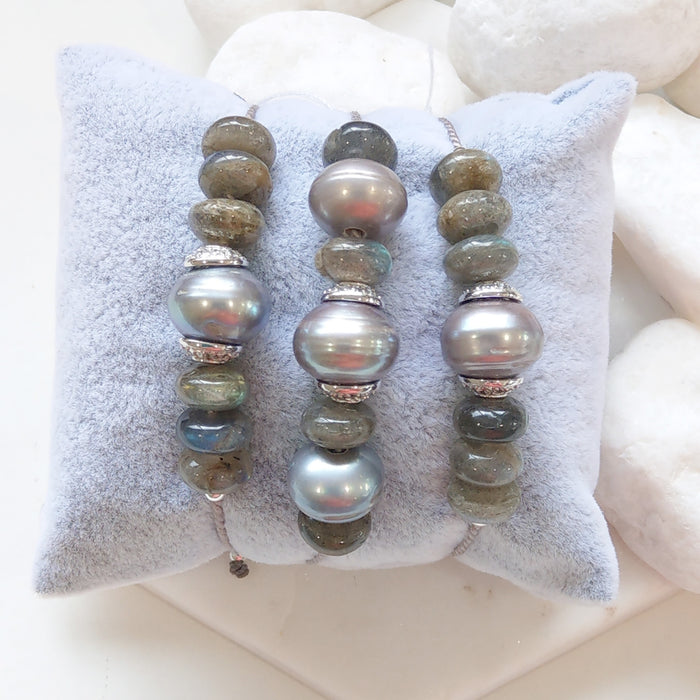 Leyla Sterling Silver Labradorite Grey Freshwater Pearl adjustable stacking bracelet