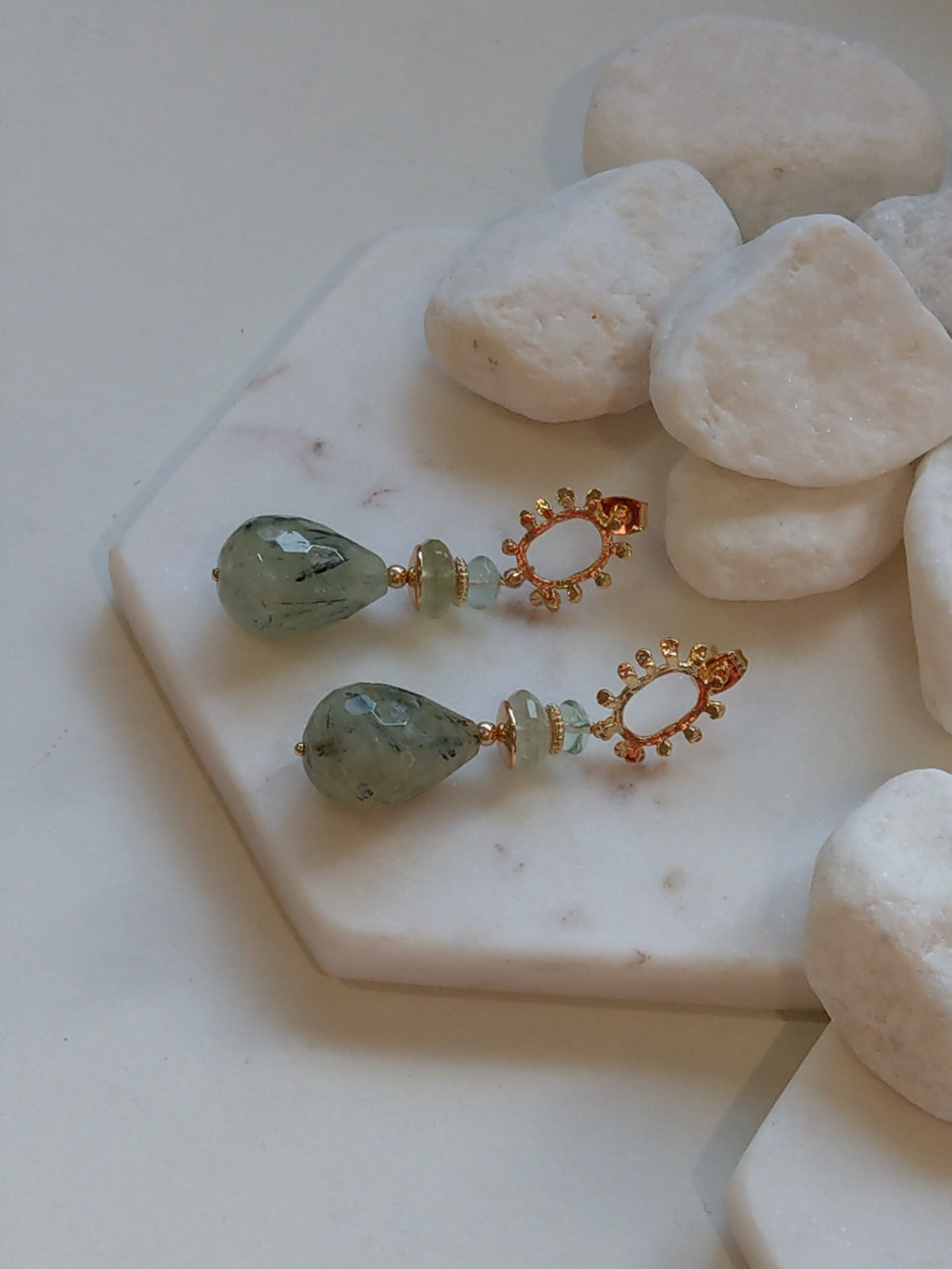 Goddess Prehnite, Green Fluorite Gold or Platinum Earrings