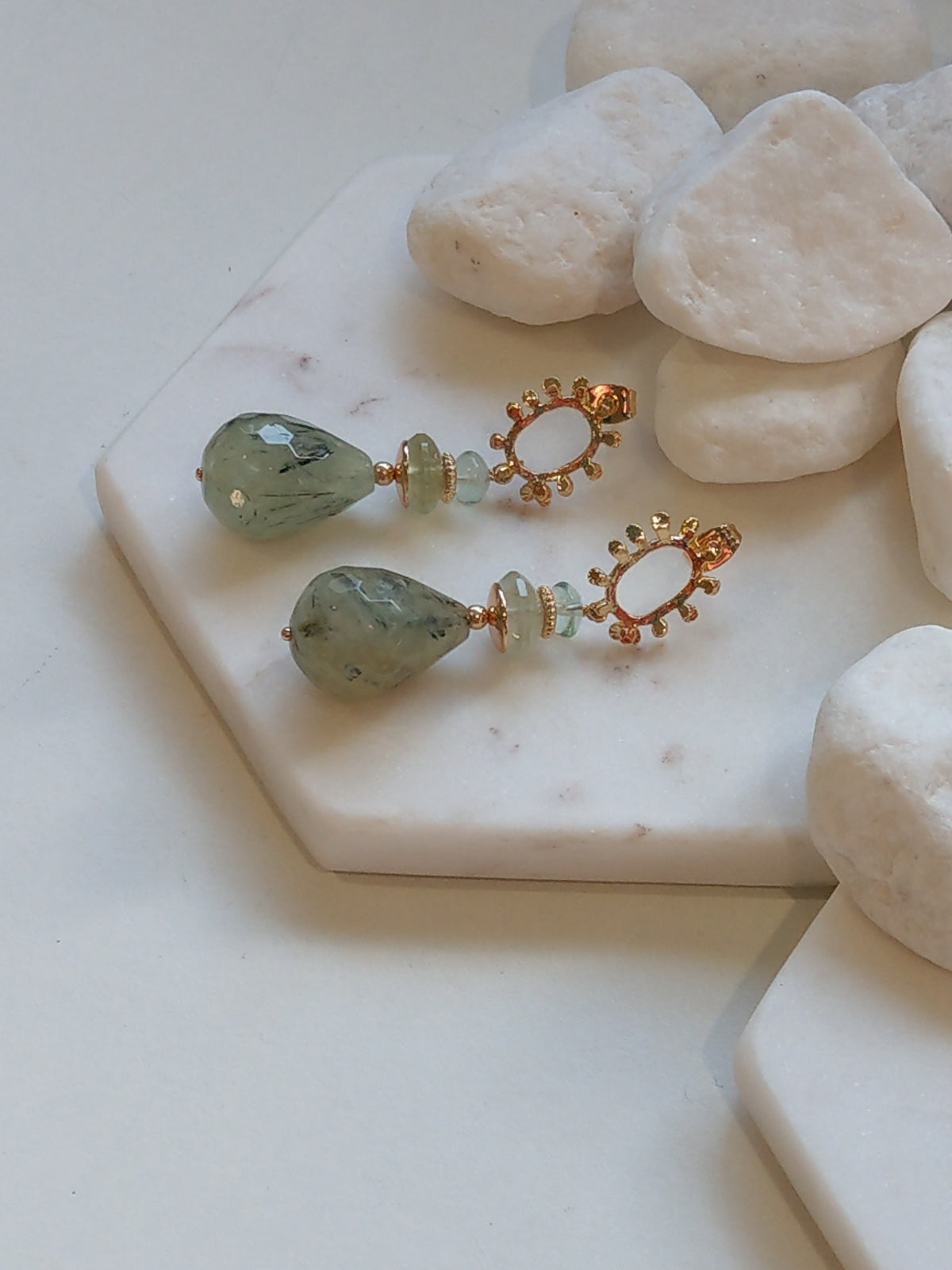 Goddess Prehnite, Green Fluorite Gold or Platinum Earrings