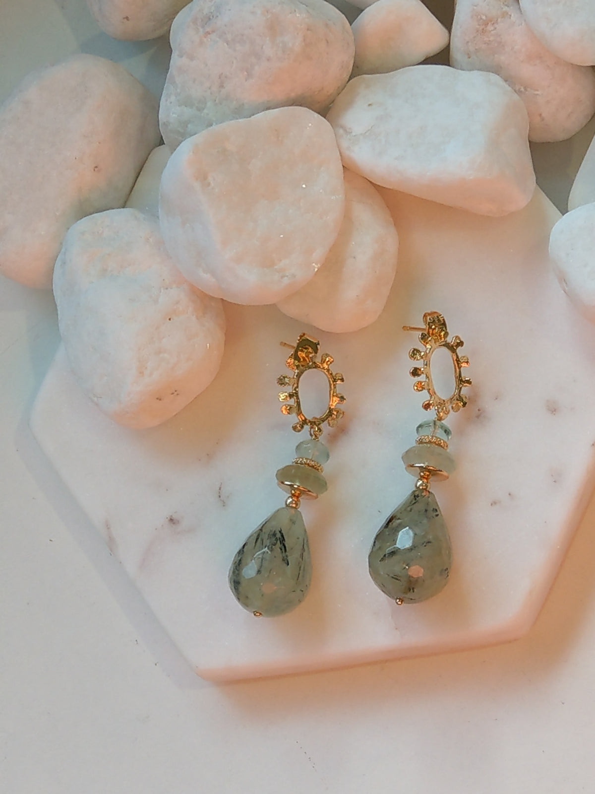 Goddess Prehnite, Green Fluorite Gold or Platinum Earrings