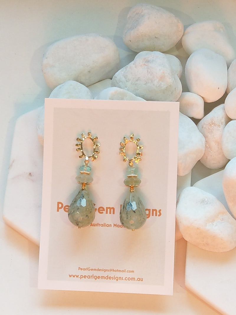 Goddess Prehnite, Green Fluorite Gold or Platinum Earrings