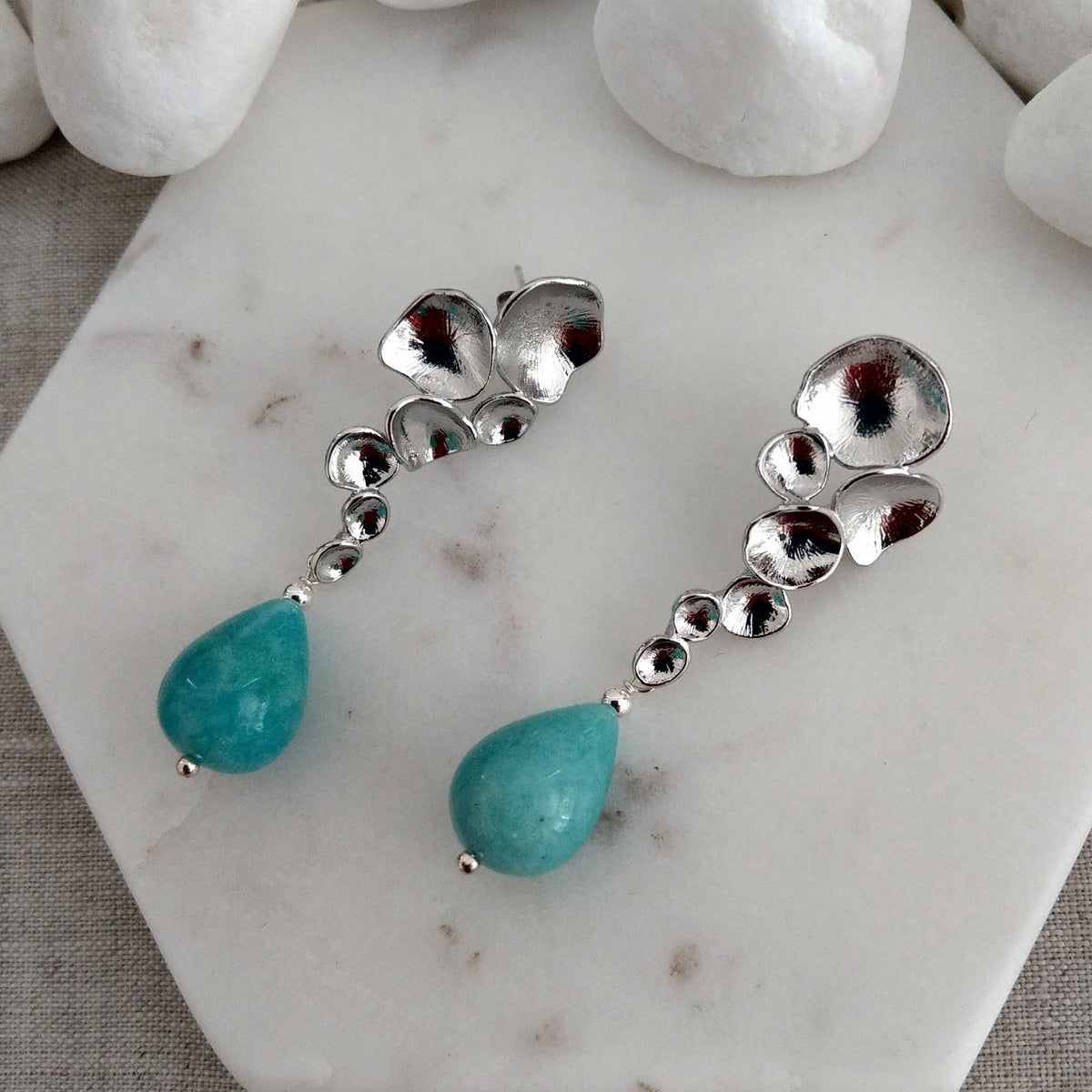 Raindrop Earrings with Peruvian Amazonite Gold or Silver