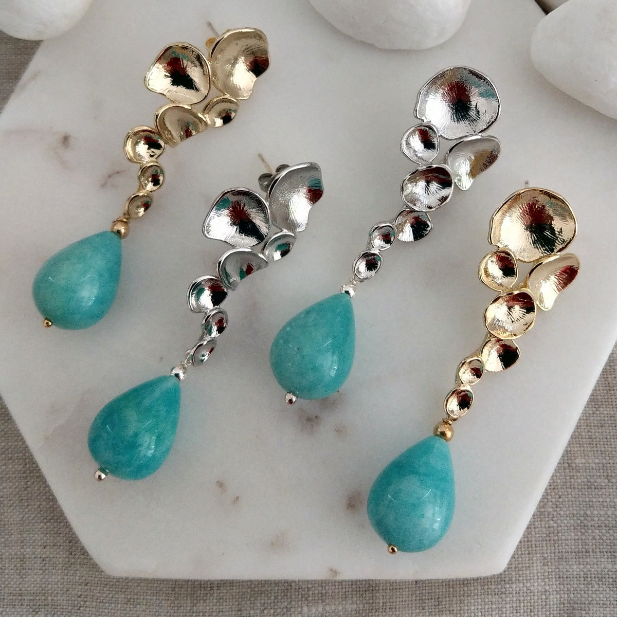 Raindrop Earrings with Peruvian Amazonite Gold or Silver