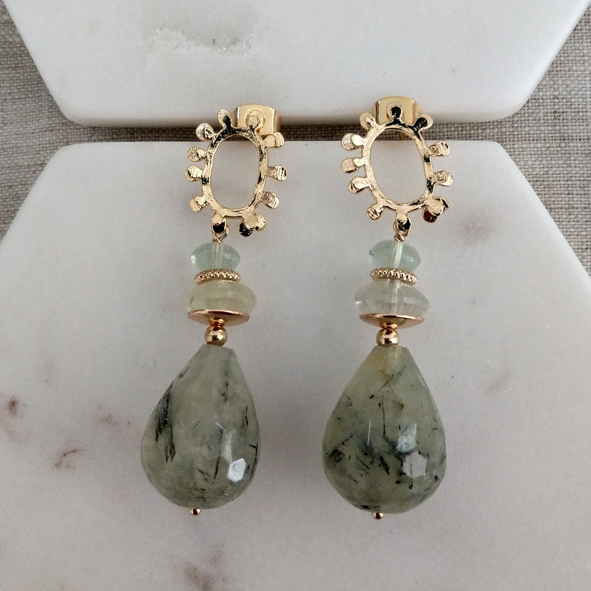 Goddess Prehnite, Green Fluorite Gold or Platinum Earrings