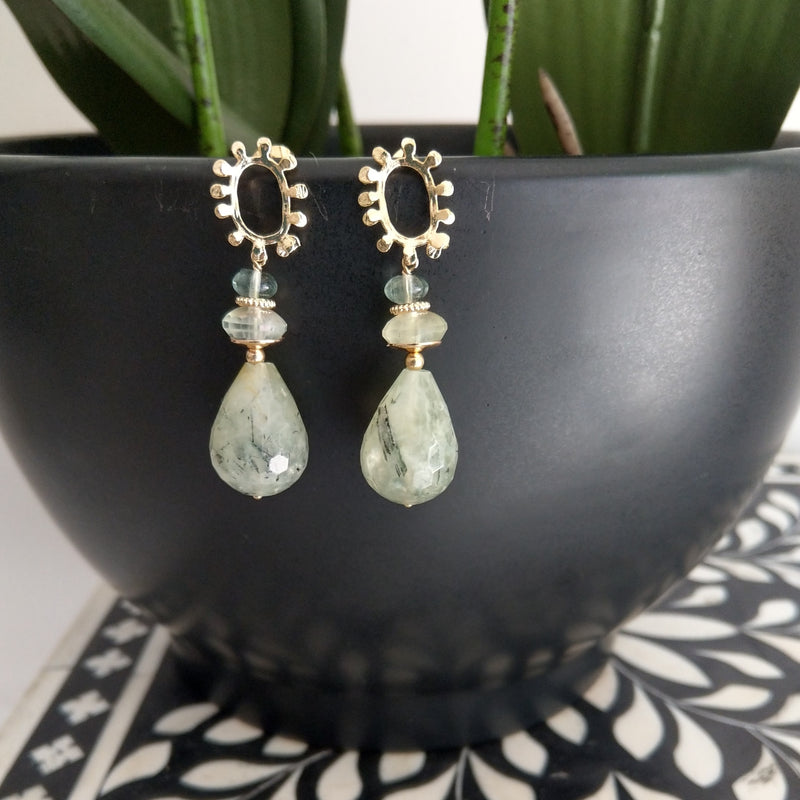 Goddess Prehnite, Green Fluorite Gold or Platinum Earrings