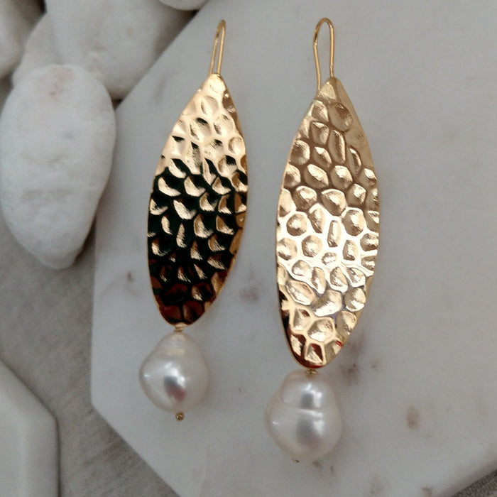 Long Ellipse Baroque Pearl Gold Earrings