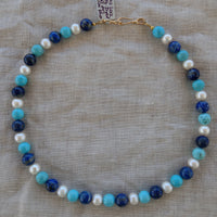 Lapis Lazuli, Turquoise & Freshwater Pearl Gold Necklace
