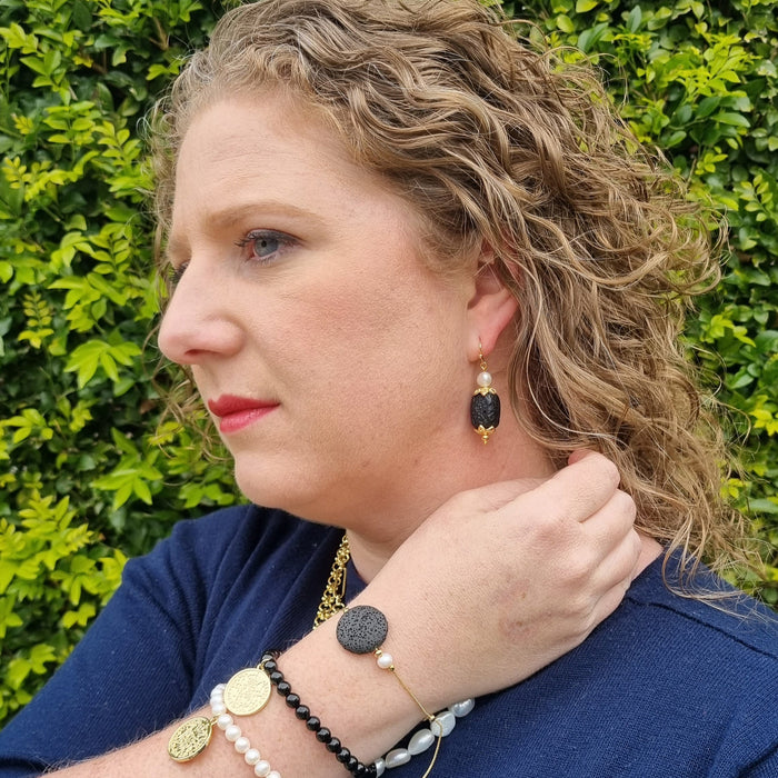 Lava and Freshwater Pearl Earring