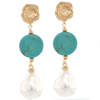 A pair of gold-plated earrings featuring turquoise mangesite and pearl drops.