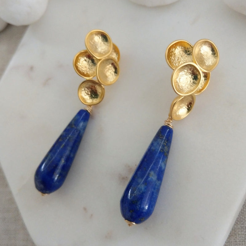 Lily Pad Stud Earrings with Lapis Lazuli Gold or Silver