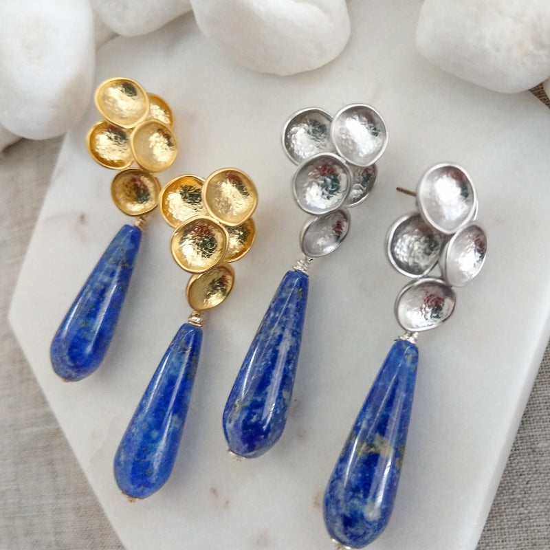 Lily Pad Stud Earrings with Lapis Lazuli Gold or Silver