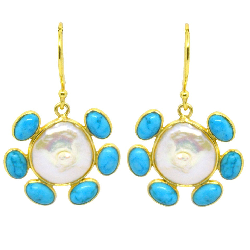 Gold Turquoise Sunburst Pearl Drop Earring