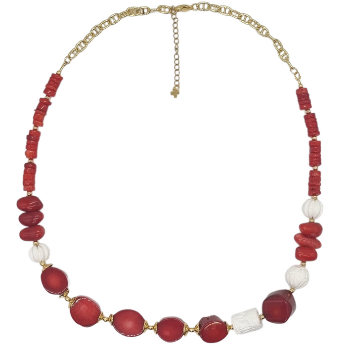 Carved white Shell and Red Coral Necklace